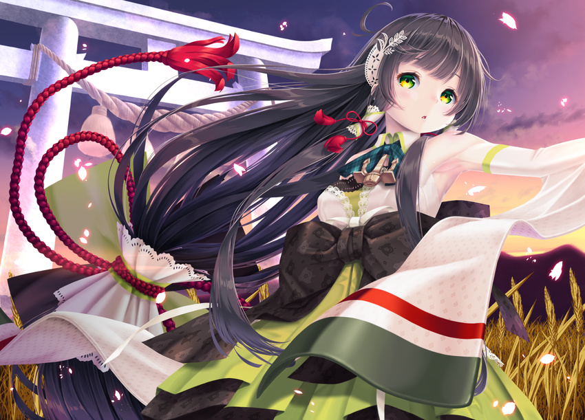 armpits black_hair commentary_request detached_sleeves dress female furisode green_dress green_eyes hane_yoshiyumi highres japanese_clothes kantai_collection kimono long_hair low-tied_long_hair mizuho_(kancolle) obi open_mouth petals sash solo torii very_long_hair