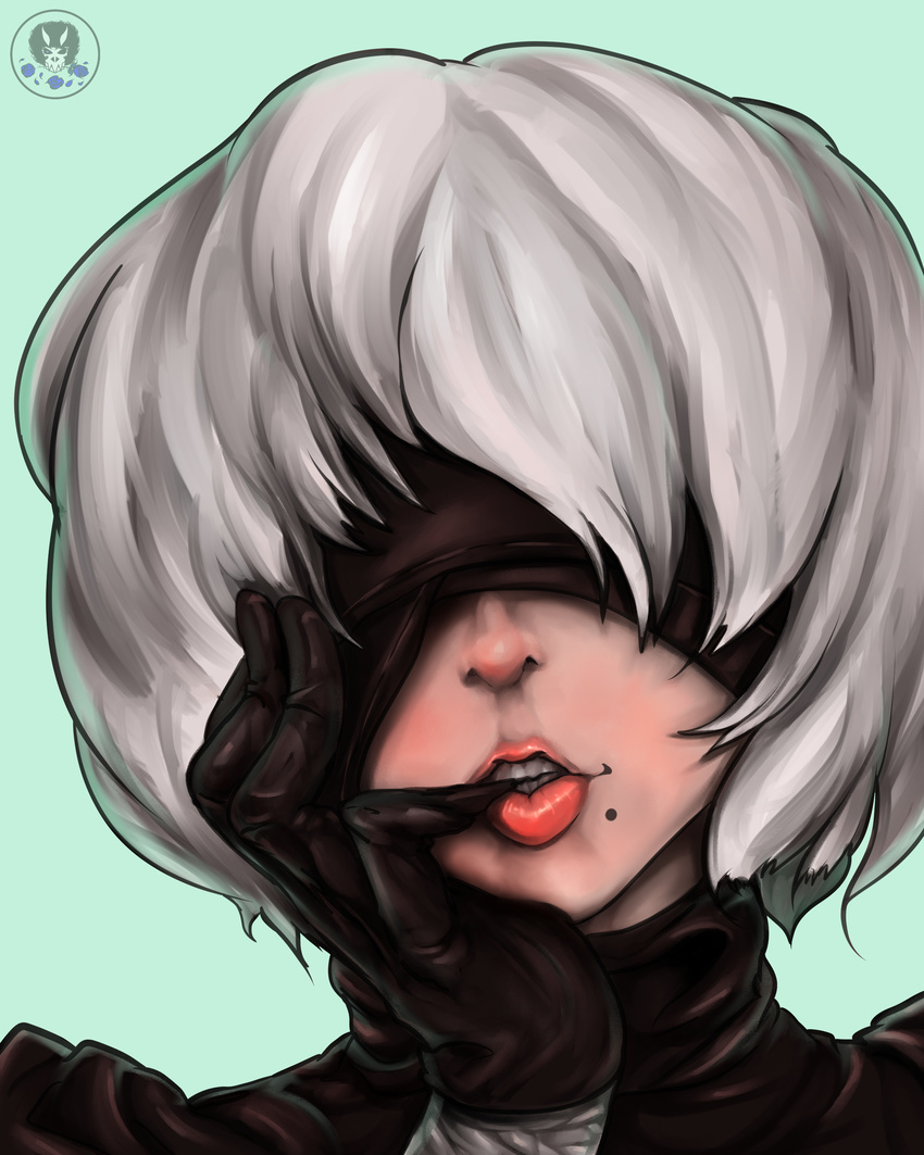 afrometalmizu lips lipstick looking_at_viewer nier_(series) nier_automata smile white_hair yorha_no._2_type_b