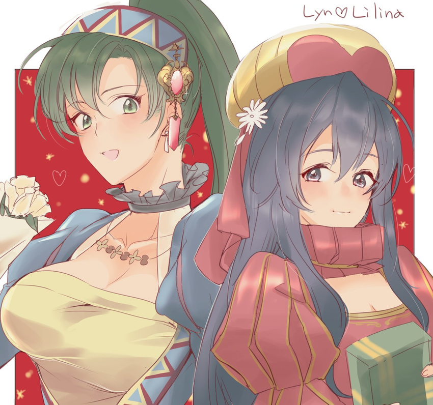 2girls blue_eyes blue_hair blush breasts character_name cleavage commentary_request dress fire_emblem fire_emblem:_the_binding_blade fire_emblem:_the_blazing_blade fire_emblem_heroes flower green_eyes green_hair hat heart high_ponytail highres jewelry large_breasts lilina_(fire_emblem) lilina_(valentine)_(fire_emblem) long_hair lyn_(fire_emblem) lyn_(valentine)_(fire_emblem) medium_breasts multiple_girls ponytail simple_background smile sou_mei