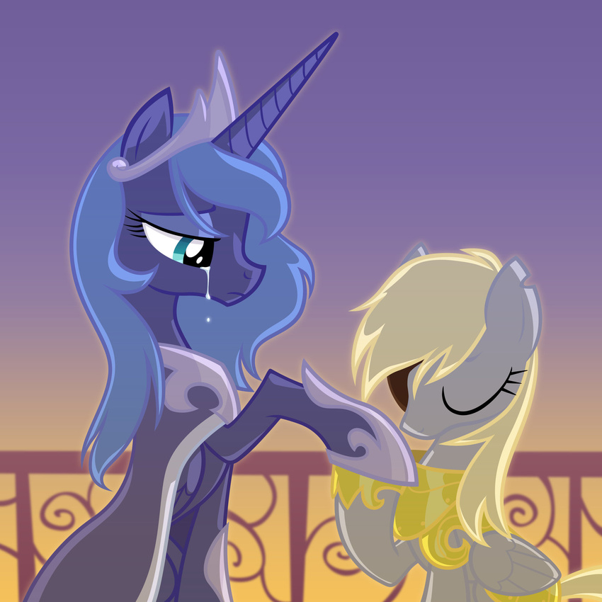 1:1 alicorn armor balcony bodily_fluids catya-ryazanowa derpy_hooves equid equine eye_patch eyewear feral friendship_is_magic hasbro hi_res horn kissing mammal my_little_pony mythological_creature mythological_equine mythology pegasus princess princess_luna_(mlp) royalty sunset tears wings