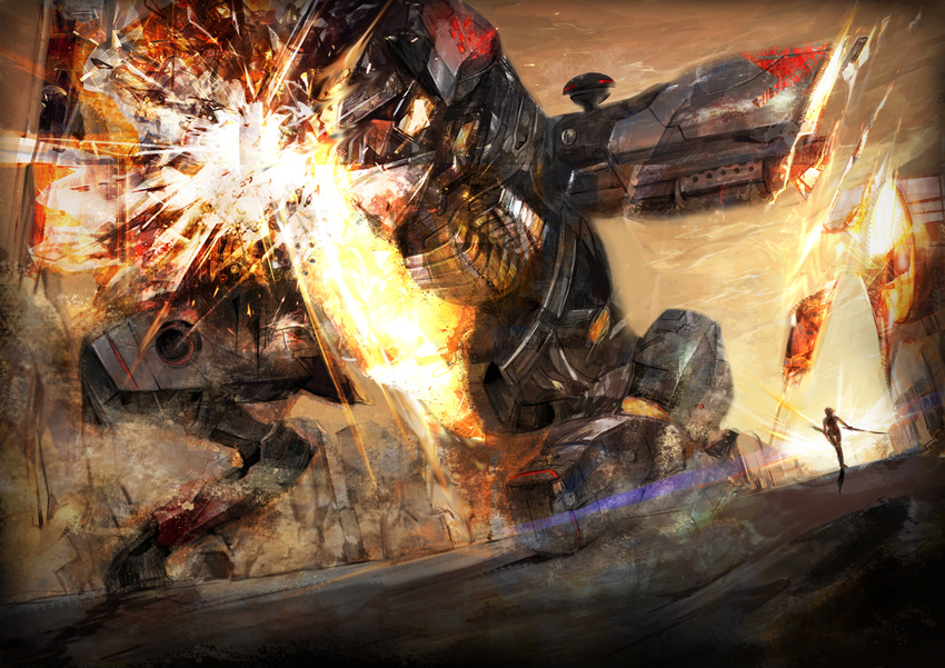 1boy explosion gyuukon katana mecha metal_gear metal_gear_(series) metal_gear_ray metal_gear_rising:_revengeance raiden sunset sword weapon