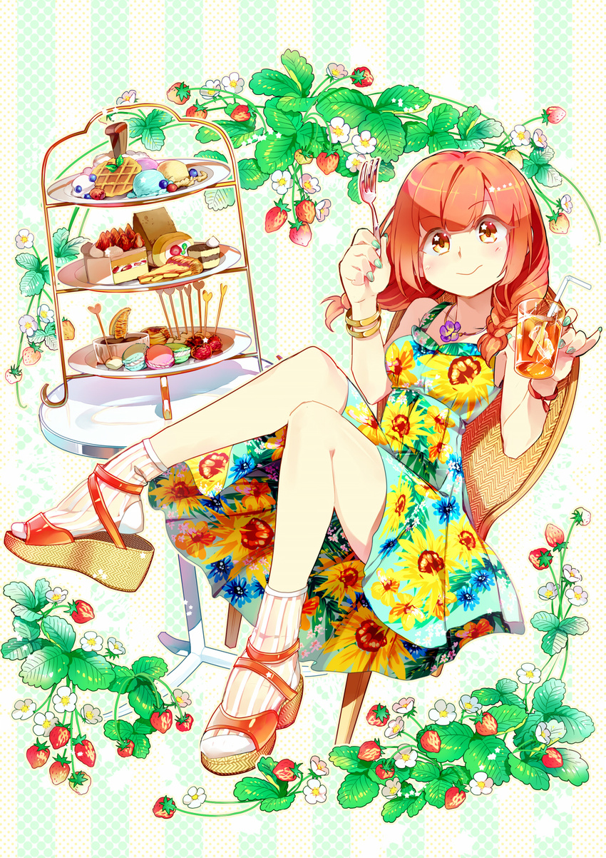 bad_id bad_pixiv_id cake chair dress drink drinking_straw female flower food fork full_body highres ice legs nail_polish orange_eyes orange_hair original platform_footwear sandals short_hair sitting smile socks solo zanunoneko