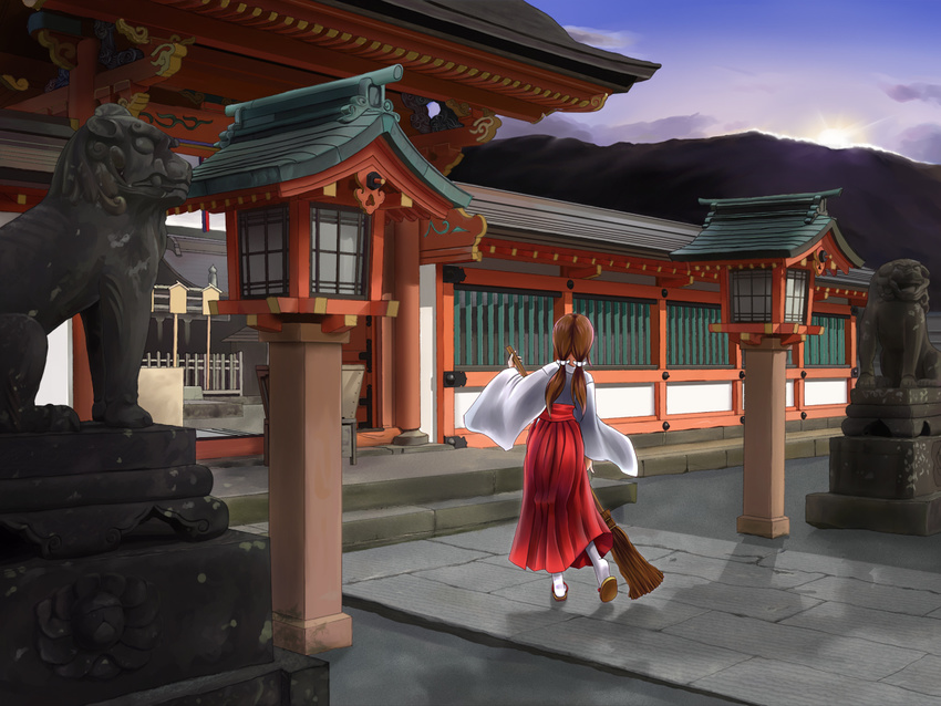 architecture bad_id bad_pixiv_id broom brown_hair cloud east_asian_architecture female japanese_clothes komainu landscape lantern miko original outdoors pavement photoshop_(medium) shrine sky solo statue sun sweeping twintails yomito