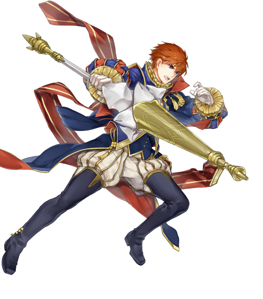 1boy bad_link blue_eyes cape eliwood_(fire_emblem) eliwood_(valentine)_(fire_emblem) fire_emblem fire_emblem:_the_blazing_blade fire_emblem_heroes full_body highres holding itou_misei lance male_focus official_art open_mouth polearm red_hair solo transparent_background weapon