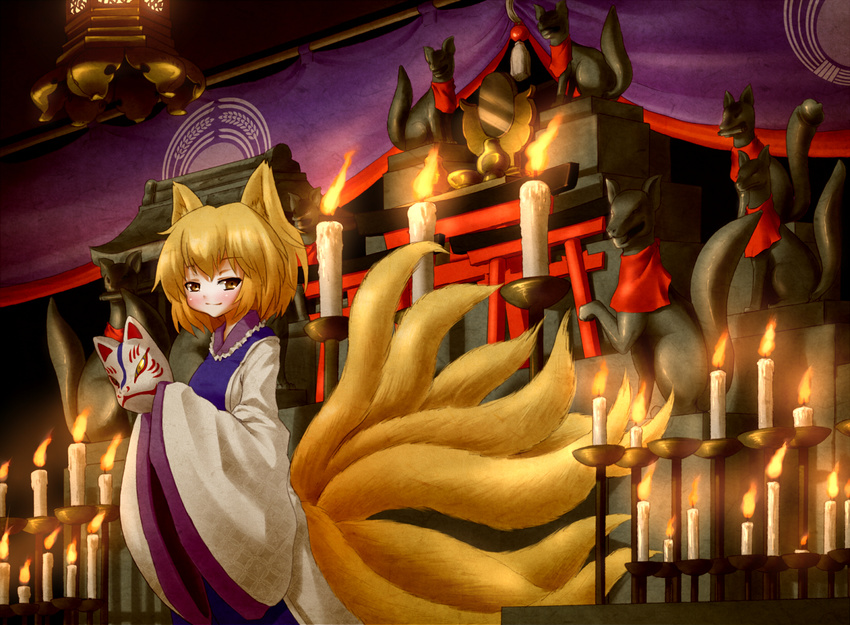 animal_ears arinu blonde_hair blush candle commentary_request female fox fox_ears fox_mask fox_statue fox_tail highres holding looking_at_viewer mask mini_torii multiple_tails multiple_torii shinto short_hair shrine smile solo statue tabard tail torii touhou yakumo_ran yellow_eyes