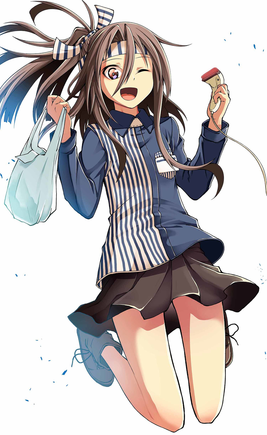 absurdres akane_harurou asymmetrical_hair bag barcode_scanner boots brown_eyes brown_hair commentary_request employee_uniform female hachimaki headband highres jumping kantai_collection lawson one_eye_closed photoshop_(medium) plastic_bag ponytail simple_background skirt smile solo uniform zuihou_(kancolle) zuihou_(lawson)_(kancolle)