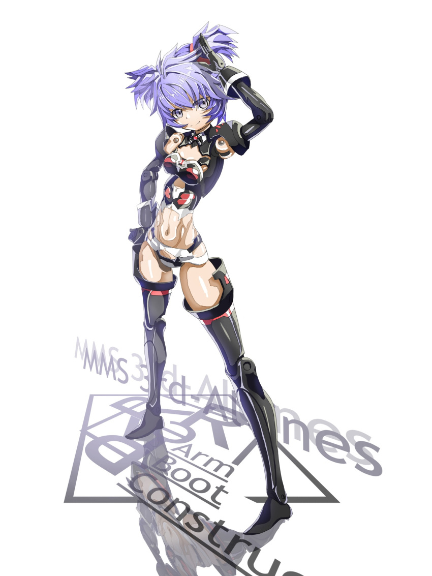 altines blue_eyes blue_hair boots breasts busou_shinki character_name commentary_request contrapposto doll_joints female hand_in_own_hair highres joints mecha_musume mechanical_arms misenouchi navel photoshop_(medium) short_hair small_breasts solo thigh_boots thighhighs thighs white_background