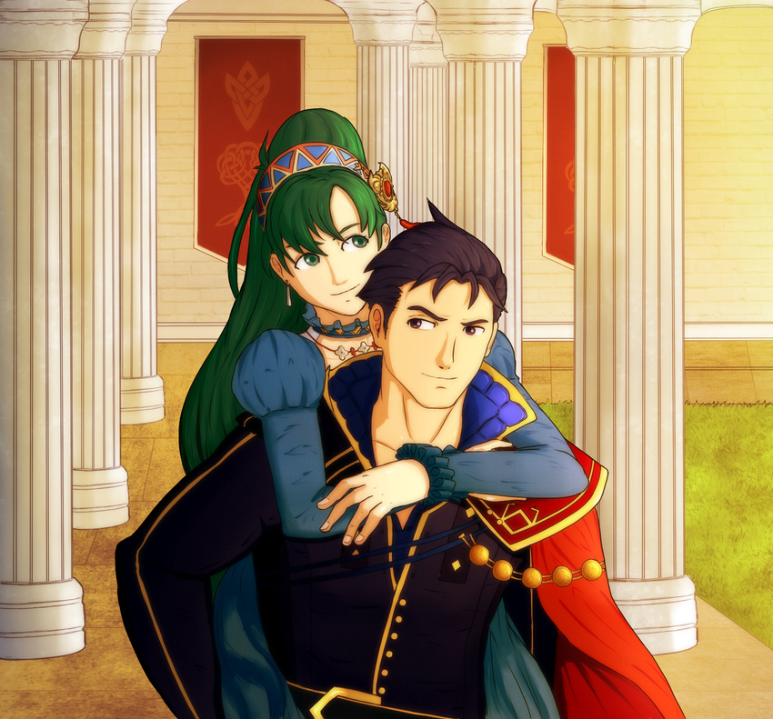 1boy aristocratic_clothes banner belt blue_dress blue_eyes blue_hair blue_shirt cape carrying collar commentary_request couple danblack dress female fire_emblem fire_emblem:_the_blazing_blade fire_emblem_heroes frilled_sleeves frills green_eyes green_hair hector_(fire_emblem) hector_(valentine)_(fire_emblem) highres jewelry long_hair long_sleeves lyn_(fire_emblem) lyn_(valentine)_(fire_emblem) necklace photoshop_(medium) piggyback pillar ponytail red_cape shirt short_hair smile straight very_long_hair