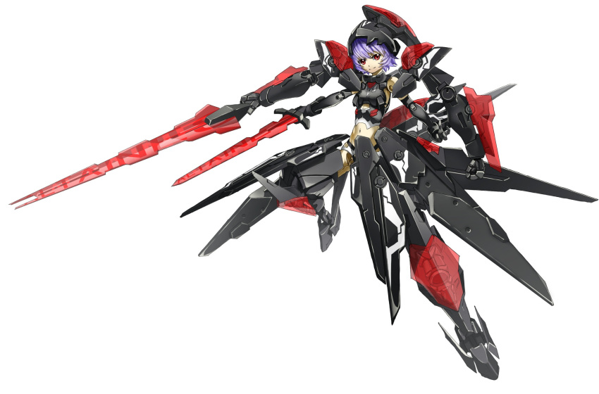 altines blue_eyes breasts busou_shinki commentary_request doll_joints female highres joints mecha_musume midriff misenouchi navel photoshop_(medium) purple_hair red_eyes short_hair small_breasts smile solo sword weapon white_background