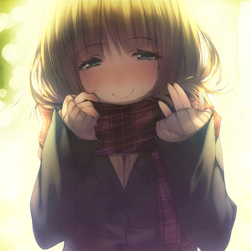 bad_id bad_pixiv_id blazer blue_eyes blush brown_hair female full-face_blush highres jacket looking_at_viewer original photoshop_(medium) plaid plaid_scarf scarf scarf_pull school_uniform smile solo sweater vip