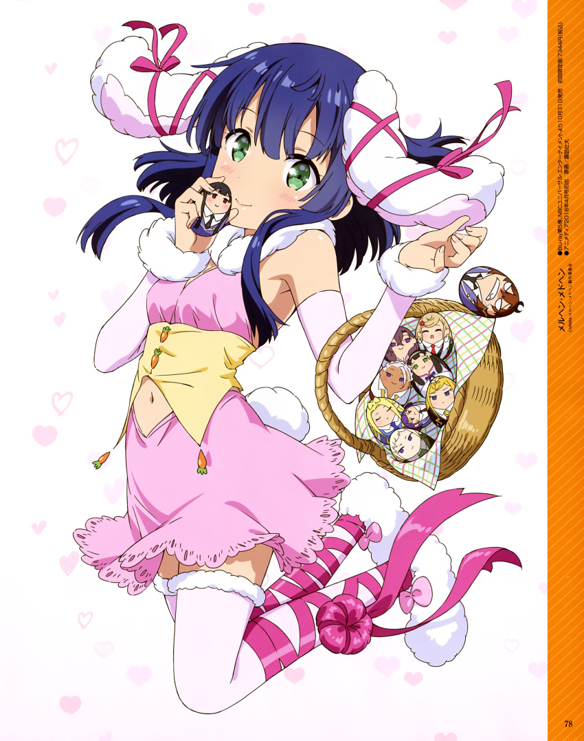 :> absurdres animal_ears basket blue_hair blush breasts character_request closed_mouth daruma_doll detached_sleeves fake_animal_ears female green_eyes highres holding holding_basket kagimura_hazuki long_hair looking_at_viewer maerchen_maedchen magazine_scan megami_magazine megami_magazine_deluxe official_art page_number pink_ribbon rabbit_ears ribbon scan small_breasts smile suwa_takehiro thighhighs tsuchimikado_shizuka white_legwear