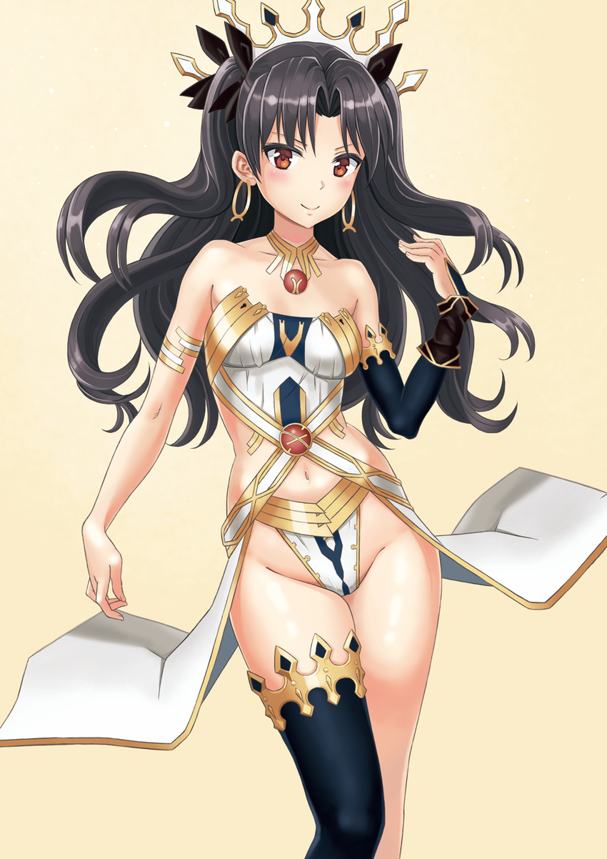 arm_warmers black_hair black_ribbon blush breasts choker clothing_cutout commentary_request crown earrings fate/grand_order fate_(series) female groin hair_ribbon highres hoop_earrings ishtar_(fate) jewelry long_legs medium_breasts navel navel_cutout ribbon shinno single_arm_warmer single_thighhigh smile solo tan_background thighhighs