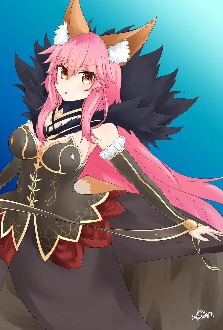 absurdres animal_ears bare_shoulders black_dress blue_background breasts bridal_gauntlets cleavage commentary_request cosplay detached_sleeves dress fate/apocrypha fate/grand_order fate_(series) female fox_ears fox_tail fur_trim highres large_breasts long_dress long_hair looking_at_viewer open_mouth pink_hair rexeig semiramis_(fate) semiramis_(fate)_(cosplay) simple_background solo tail tamamo_(fate) tamamo_no_mae_(fate/extra) very_long_hair yellow_eyes