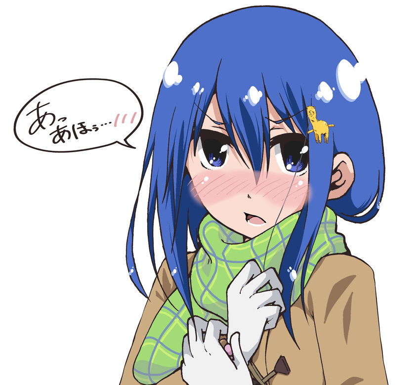 absurdres alpaca_hair_ornament bandou_marimo blue_eyes blue_hair blush check_commentary commentary_request female gloves green_scarf highres jacket long_hair looking_at_viewer piyo_(p_i_y_o) plaid plaid_scarf scarf speech_bubble spoken_blush teekyuu translated upper_body white_gloves