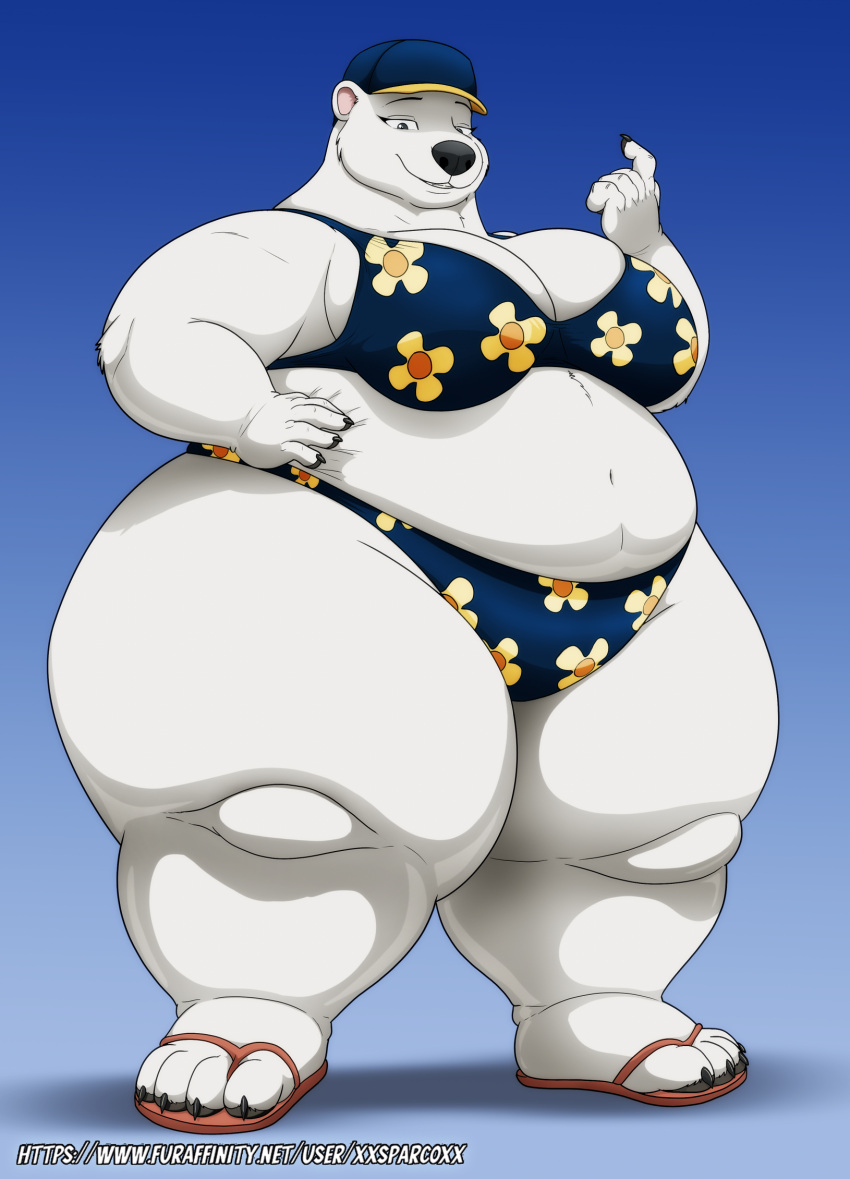 2024 anthro bear bearimore beckoning belly big_breasts bikini breasts clothing digital_media_(artwork) female fur gesture hand_on_hip hat headgear headwear hi_res mammal navel obese obese_anthro obese_female overweight overweight_anthro overweight_female polar_bear sandals smile smiling_at_viewer solo swimwear the_adventures_of_courdroy_bear thick_thighs two-piece_swimsuit ursine white_body white_fur xxsparcoxx