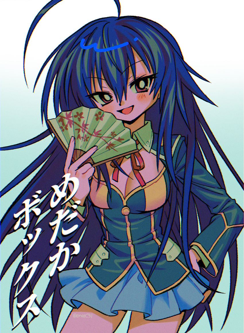 ahoge blue_background blue_hair blue_skirt blush_stickers bright_pupils cleavage_cutout clothing_cutout contrapposto cowboy_shot dot_nose female folding_fan gradient_background hair_between_eyes hand_fan hand_on_own_hip head_tilt highres holding holding_fan huge_ahoge kurokami_medaka legs_apart long_hair long_sleeves medaka_box menma_(enaic31) open_mouth red_eyes red_ribbon ribbon skirt smile solo standing translated tsurime twitter_username white_background white_pupils