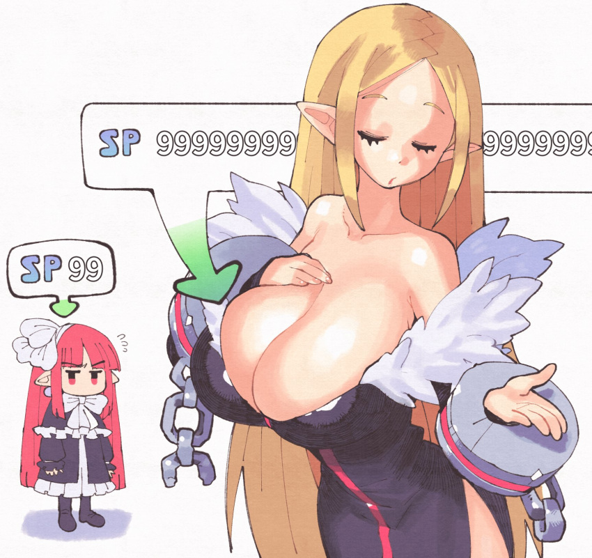 2girls blonde_hair bow breast_envy breasts chains chibi cleavage closed_eyes demon_girl disgaea dress frilled_dress frills healer_(disgaea) highres huge_breasts inkerton-kun long_hair mage_(disgaea) multiple_girls pink_hair pointy_ears red_eyes white_bow