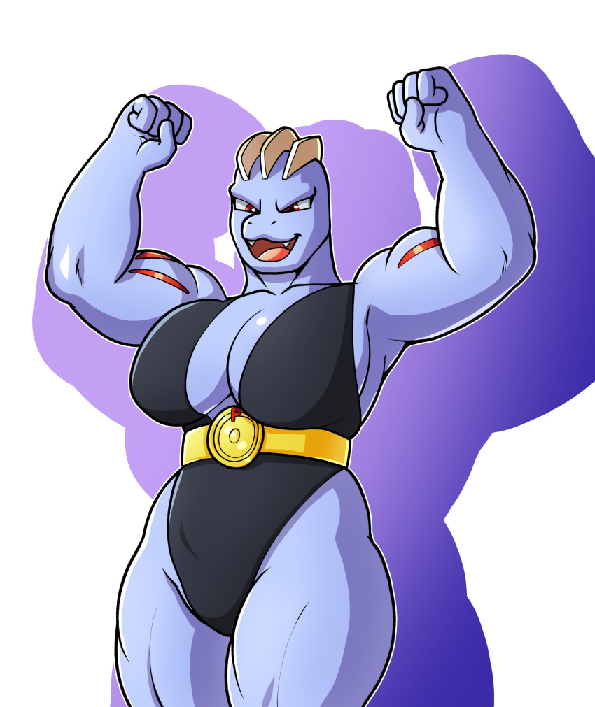 anthro belt blue_body clothing female flexing fours_(artist) generation_1_pokemon hi_res leotard low-angle_view machoke muscular muscular_female nintendo pokemon pokemon_(species) red_eyes solo