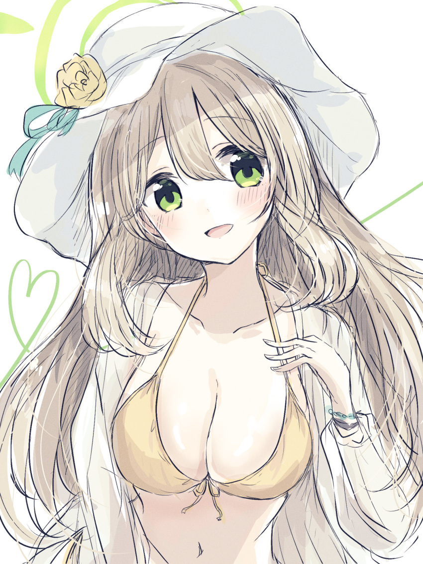 :d baran._(ba_ra_ran) bikini blue_archive blush breasts brown_hair cleavage commentary female flower front-tie_bikini_top front-tie_top green_eyes hat hat_flower highres jacket jacket_over_swimsuit large_breasts long_hair long_sleeves looking_at_viewer navel nonomi_(blue_archive) nonomi_(swimsuit)_(blue_archive) official_alternate_costume open_clothes open_jacket open_mouth see-through see-through_jacket smile solo split_mouth stomach sun_hat swimsuit upper_body white_hat yellow_flower