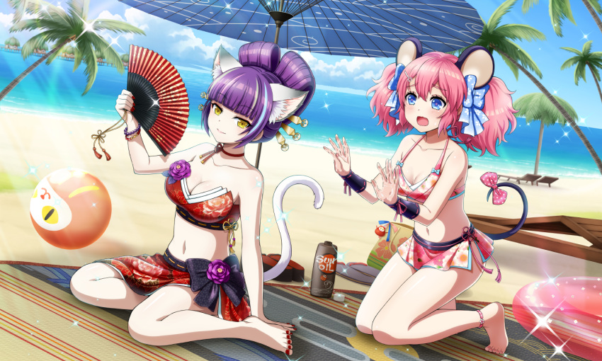 2girls animal_ear_fluff animal_ears anklet applying_sunscreen artist_request ball bare_arms bare_shoulders barefoot beach beachball bikini black_bow blue_eyes blue_sky blunt_bangs bottle bow bow-shaped_hair bracelet bracer breasts cat_ears cat_girl cat_tail choker cleavage cloud collarbone darudayu_(show_by_rock!!) day eyeshadow floral_print folding_fan from_side full_body hair_ornament hair_stick hairbow hand_fan holding holding_fan horizon innertube jewelry kneeling lotion makeup mouse_ears mouse_girl mouse_tail multicolored_hair multiple_girls nail_polish navel nervous ocean official_art open_mouth outdoors palm_tree pink_bikini pink_hair purple_hair red_bikini red_choker red_eyeshadow red_nails sarong short_hair short_twintails show_by_rock!! sitting sky smile sparkle stomach strapless strapless_bikini streaked_hair summer sunscreen swim_ring swimsuit tail tail_bow tail_ornament tassel third-party_source toenail_polish toenails tree twintails un_(show_by_rock!!) wariza water yellow_eyes