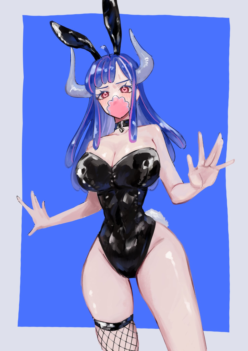 ahoge animal_ears black_choker black_leotard blue_hair breasts choker cleavage fake_animal_ears fake_tail female fishnet_thighhighs fishnets grey_horns highleg highleg_leotard highres horns large_breasts leotard long_hair mask mouth_mask multicolored_hair ngo_flamingo one_piece pink_eyes pink_hair pink_mask playboy_bunny rabbit_ears rabbit_tail single_thighhigh solo strapless strapless_leotard streaked_hair sweatdrop tail thighhighs ulti_(one_piece)