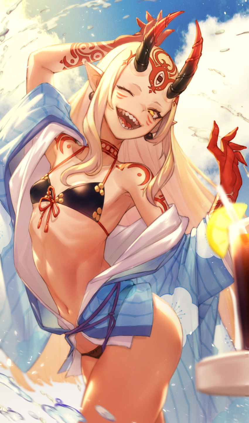 bare_shoulders bikini black_bikini blonde_hair blue_kimono breasts earrings facial_mark fate/grand_order fate_(series) female fingernails forehead_mark highres horns ibaraki_douji_(fate) ibaraki_douji_(swimsuit_lancer)_(fate) ibaraki_douji_(swimsuit_lancer)_(first_ascension)_(fate) japanese_clothes jewelry kimono long_hair navel one_eye_closed oni open_mouth outdoors pointy_ears relayrl sharp_fingernails sharp_teeth small_breasts solo stomach striped_clothes striped_kimono swimsuit tattoo teeth vertical-striped_clothes vertical-striped_kimono very_long_hair yellow_eyes