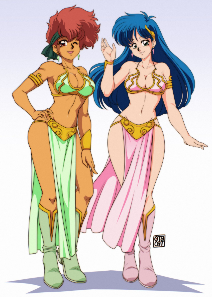 0tacat 2girls bandana blue_eyes blue_hair boots cosplay dark-skinned_female dark_skin dirty_pair earrings full_body green_bandana hand_on_own_hip highres jewelry kei_(dirty_pair) long_hair metal_bikini multiple_girls one_eye_closed pelvic_curtain princess_leia princess_leia_(cosplay) red_eyes red_hair short_hair single_bracer slave smile star_wars star_wars:_return_of_the_jedi waving yuri_(dirty_pair)