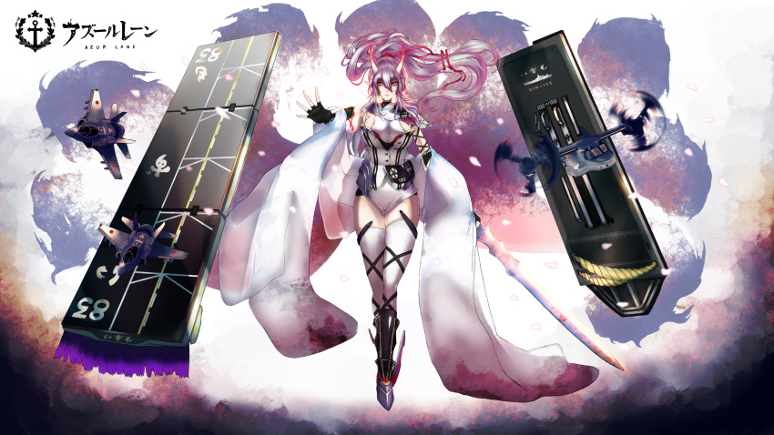 azur_lane black_footwear black_gloves boots breasts commentary_request f-35_lightning_ii female fingerless_gloves flight_deck floating_hair full_body gloves hair_between_eyes hair_ribbon highres holding holding_sword holding_weapon horns huge_breasts izumo_(azur_lane) js_izumo_(azur_lane) leotard long_hair outstretched_arm personification purple_hair red_ribbon ribbon setsuka. solo sword thighhighs v-22_osprey very_long_hair weapon white_leotard white_thighhighs