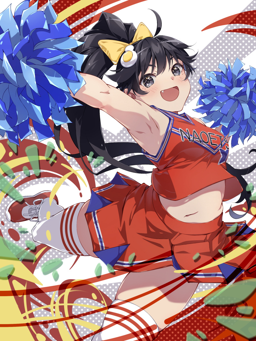 :d \o/ absurdres armpits arms_up bare_shoulders black_eyes black_hair black_skirt blush bow breasts cheering cheerleader clothes_lift clothes_writing crop_top egg_hair_ornament female food-themed_hair_ornament fried_egg hair_between_eyes hair_ornament hairbow halftone_texture hatanana_(ag6uptphhal3frd) high_ponytail highres jumping leg_up long_hair looking_at_viewer looking_to_the_side medium_breasts midriff monogatari_(series) monogatari_series_puc_puc navel oerba_yun_fang open_mouth outstretched_arms pleated_skirt pom_pom_(cheerleading) red_footwear red_shirt shirt shirt_lift shoes skindentation skirt skirt_lift sleeveless sleeveless_shirt smile sneakers solo thighhighs very_long_hair white_background white_thighhighs wind wind_lift yellow_bow zettai_ryouiki