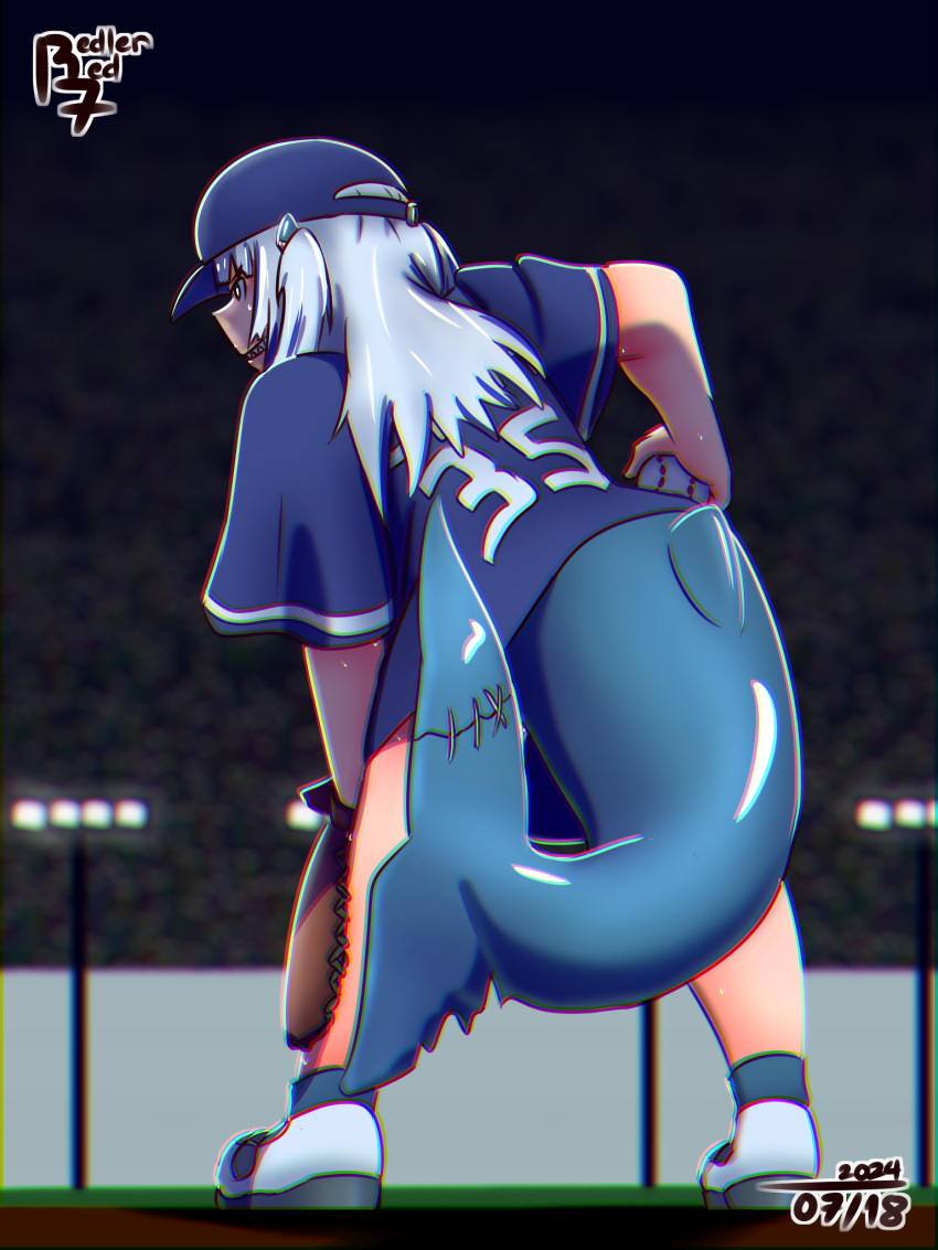 artist_name ball baseball baseball_(object) baseball_cap baseball_field baseball_mitt baseball_stadium baseball_uniform bent_over black_sky blue_eyes blue_footwear blue_hair blue_hat blue_shirt brown_gloves commentary crowd dated english_commentary female fins fish_tail from_behind full_body gawr_gura gloves hair_ornament hand_on_own_hip hand_on_own_leg hat highres holding holding_ball hololive hololive_english lamppost leaning_forward long_hair looking_ahead multicolored_hair night no_pants outdoors pitcher pitching redlerred7 shark_hair_ornament shark_tail sharp_teeth shirt shoes short_sleeves signature sky sneakers solo sportswear spread_legs stadium standing streaked_hair tail teeth two-tone_footwear two-tone_hair two_side_up virtual_youtuber white_footwear white_hair wide_sleeves