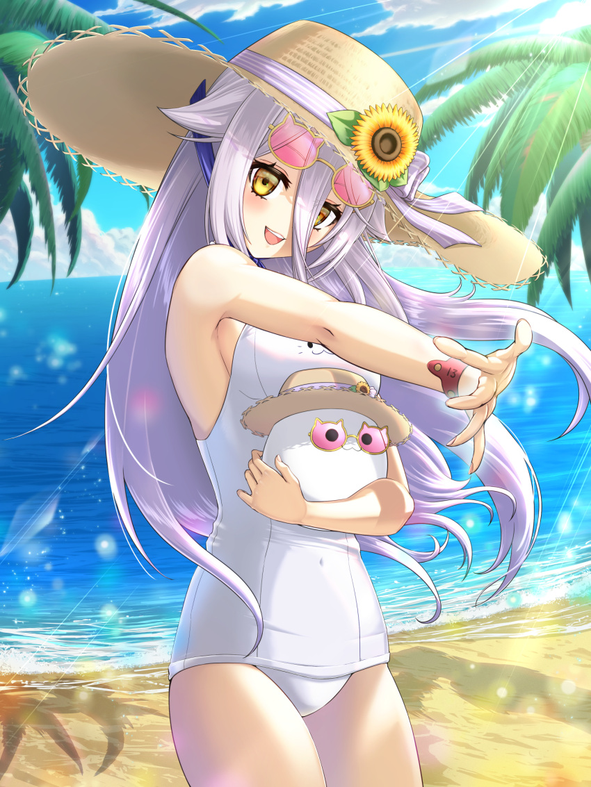 beach blue_sky breasts chiga_akira cloud day eyewear_on_head female hat henya_the_genius henya_the_genius_(3rd_costume) highres holding holding_stuffed_toy ocean one-piece_swimsuit palm_tree pink-tinted_eyewear purple_hair sand sky small_breasts solo straw_hat stuffed_toy sun_hat sunglasses swimsuit tinted_eyewear tree virtual_youtuber vshojo white_one-piece_swimsuit yellow_eyes