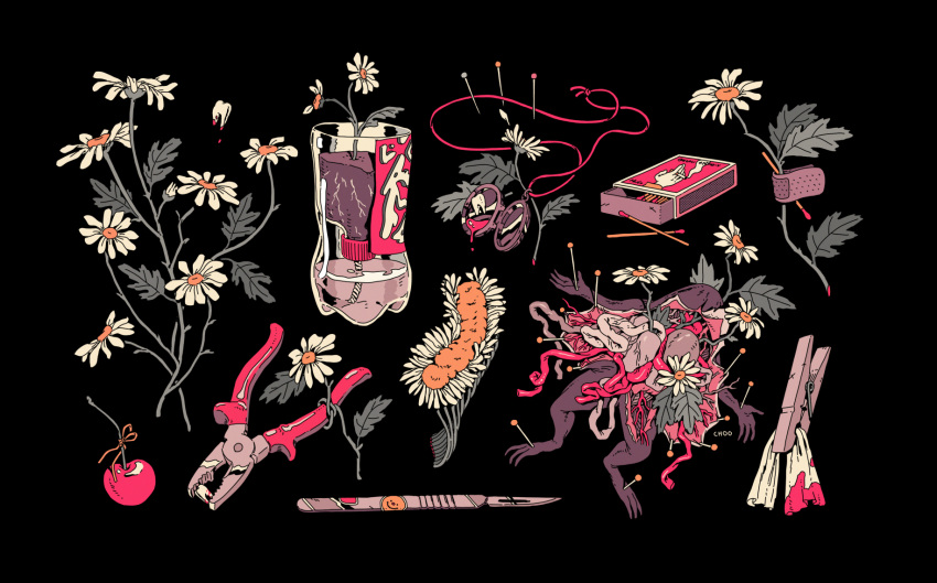 animal bandaid black_background blood blood_on_clothes blood_on_teeth body_horror cherry cherry_stem choo clothes_pin commentary daisy dead_animal detached_teeth dissection english_commentary flower food frog fruit growing_out_of_body guro highres horror_(theme) intestines jewelry limited_palette locket lungs matchbox matches no_humans object_focus original pendant pin pink_blood plant_roots pliers scalpel simple_background smoking soda_bottle sticker teeth thread white_flower