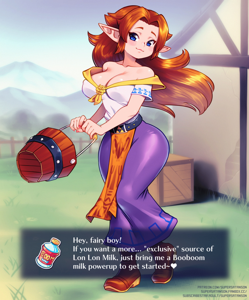 5_fingers absurd_res biped breasts brown_hair bucket clothed clothing container english_text eyebrows fingers hair hi_res holding_bucket holding_container holding_object humanoid humanoid_pointy_ears hylian malon nintendo not_furry smile supersatanson text the_legend_of_zelda