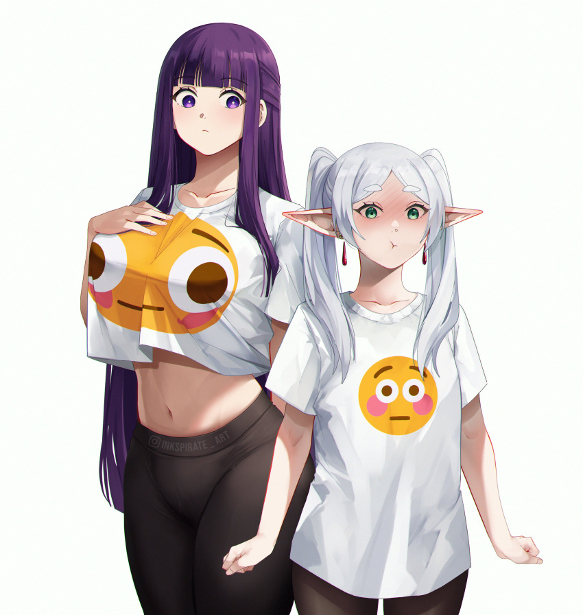 2girls absurdres alternate_costume arms_at_sides black_pants blush breasts closed_mouth cowboy_shot crop_top crop_top_overhang earrings elf emoji fern_(sousou_no_frieren) flushed_face_emoji flushed_face_emoji_shirt_(meme) frieren green_eyes grey_hair hand_on_own_chest height_difference highres inkspirate instagram_logo instagram_username jewelry large_breasts long_hair long_pointy_ears meme midriff multiple_girls navel pants parted_bangs pointy_ears pout purple_eyes purple_hair shirt short_eyebrows short_sleeves simple_background sousou_no_frieren standing t-shirt thick_eyebrows twintails very_long_hair white_background white_shirt yoga_pants