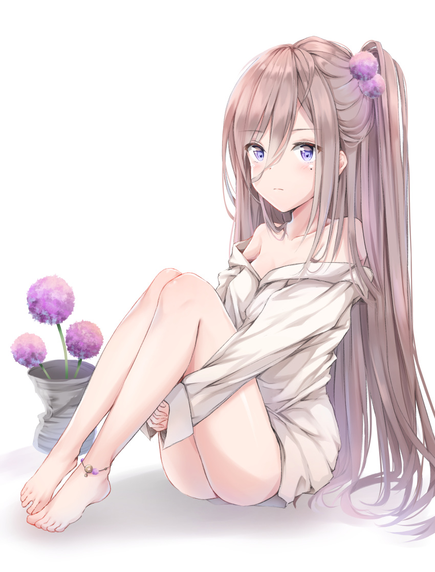 absurdres allium_(flower) anklet bad_id bad_pixiv_id barefoot blue_eyes brown_hair cuna_(qunya) dress_shirt female flower full_body hair_between_eyes hair_flower hair_ornament highres hugging_own_legs jewelry long_hair mole mole_under_eye naked_shirt off_shoulder one_side_up original purple_flower shirt simple_background sitting solo very_long_hair white_background white_shirt