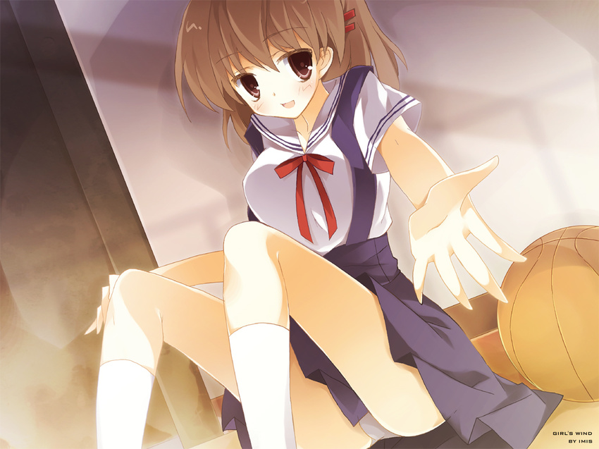 antenna_hair bad_id bad_pixiv_id ball basketball_(object) brown_eyes brown_hair clannad female furukawa_nagisa hikarizaka_private_high_school_uniform imis panties pantyshot school_uniform short_hair underwear