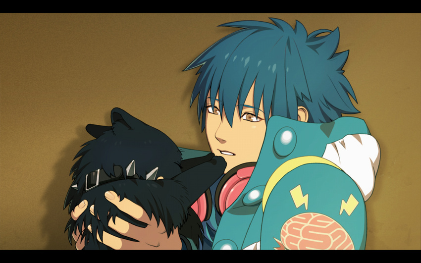 16:10 2012 allmate aoba_seragaki black_body black_fur blue_hair brown_eyes canid canine canis clothed clothing collar domestic_dog dramatical_murder duo electronics feral fur hair headphones human long_hair male mammal nitro+chiral official_art open_mouth pushing_away ren_(disambiguation) size_difference torao_asada widescreen