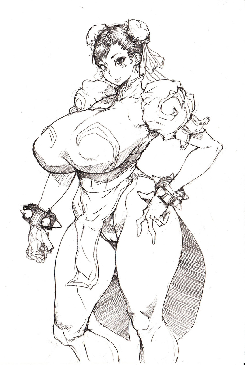 bonten breasts bun_cover cameltoe capcom china_dress chinese_clothes chun-li curvy double_bun dress female female gigantic_breasts greyscale highres kicking_thighs looking_at_viewer monochrome pantyhose pelvic_curtain scan short_hair smile solo street_fighter thick_thighs thighs toned traditional_media