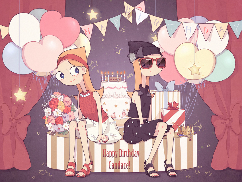 2girls arched_back bad_id bad_pixiv_id balloon beanie birthday birthday_cake black_footwear black_shirt black_skirt blue_eyes bouquet box cake candace_gertrude_flynn candace_gertrude_flynn_(2nd_dimension) candle closed_mouth commentary_request crown curtains daisy dated dual_persona english_text eye_contact fire flat_chest flower food gift gift_box hat hat_ribbon headband heart_balloon highres jewelry kingyo_(g-fish) long_hair looking_at_another multiple_girls necklace no_socks orange_hair pearl_necklace phineas_and_ferb pink_flower pink_rose polka_dot polka_dot_skirt purple_background red_flower red_footwear red_rose red_shirt ribbon rose sandals shirt skirt sleeveless smile star_(symbol) starry_background sunglasses table white_skirt