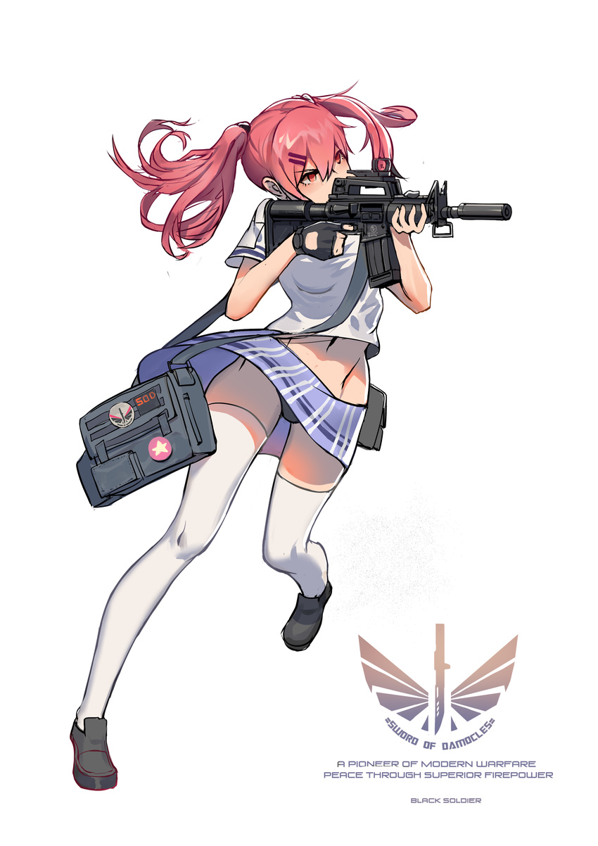 absurdres aiming ar-15 artist_name black_footwear black_gloves black_panties black_soldier commentary_request english_text female finger_on_trigger full_body gloves groin gun hair_ornament hair_tie hairclip highres holding holding_gun holding_weapon legs_apart long_hair miniskirt navel original panties pantyshot photoshop_(medium) pink_hair red_eyes reflex_sight rifle school_uniform serious shoes short_sleeves sidelocks simple_background skirt solo standing standing_on_one_leg thighhighs twintails underwear upskirt weapon white_background white_thighhighs wind wind_lift