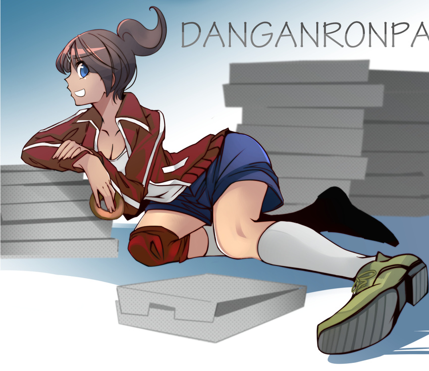 asahina_aoi blue_eyes blue_shorts box breasts brown_hair cleavage commentary_request danganronpa:_trigger_happy_havoc danganronpa_(series) dark-skinned_female dark_skin doughnut female food grin hair_ornament hairclip jacket medium_breasts ponytail short_hair shorts smile solo total9 track_jacket