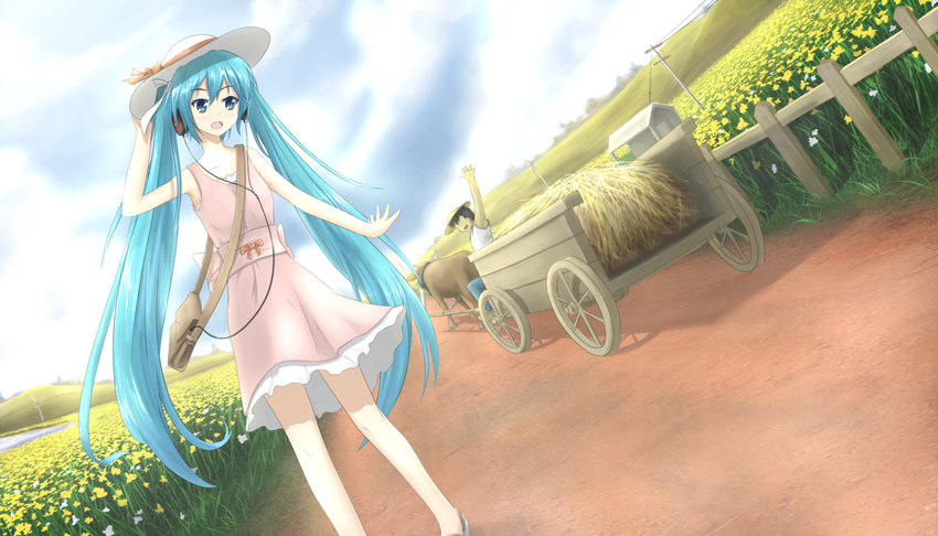 1boy absurdres animal aqua_eyes aqua_hair asakurashinji bag bull cloud cloudy_sky commentary day dress dutch_angle female fence flower ground_vehicle handbag hat hatsune_miku hay headphones highres long_hair meadow open_mouth photoshop_(medium) pink_dress power_lines sky sun_hat sundress twintails utility_pole very_long_hair vocaloid wagon waving