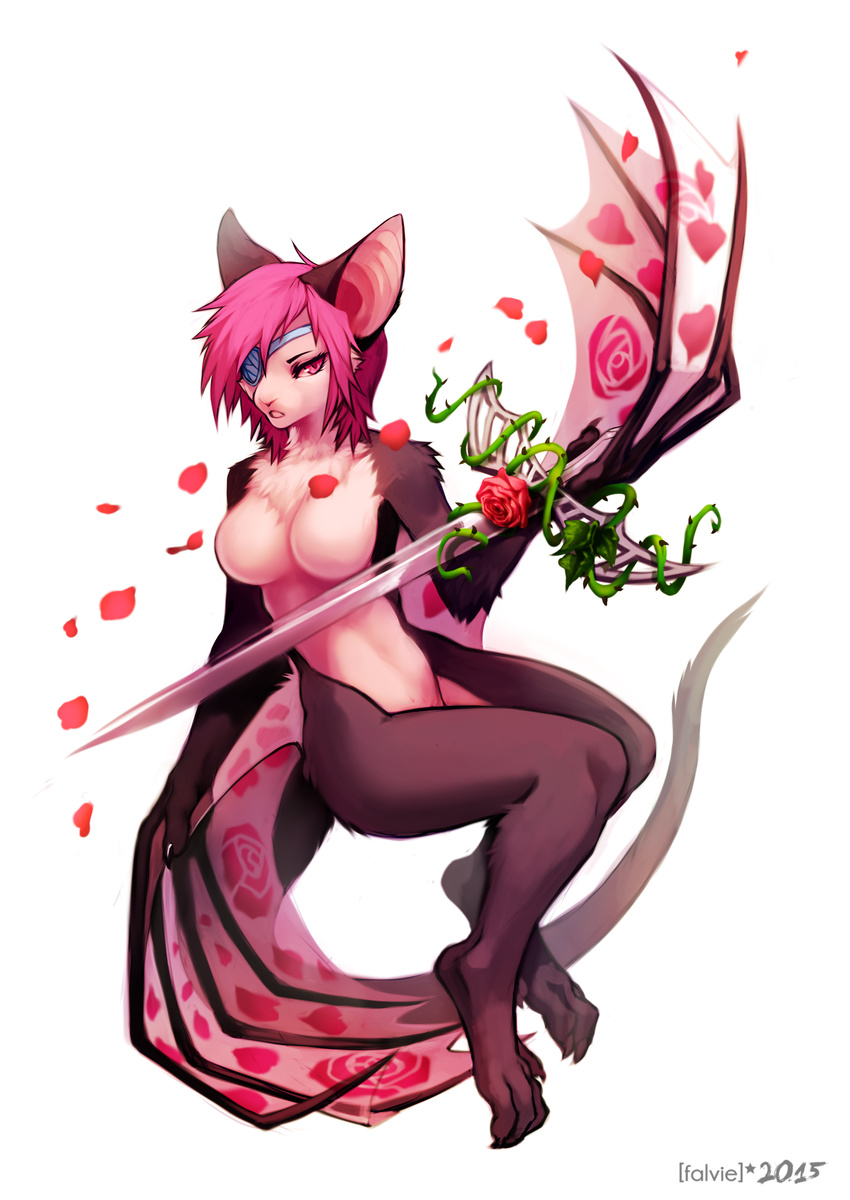 2015 absurd_res anthro art_nouveau bat biped breasts chest_tuft crystal digital_media_(artwork) eye_patch eyewear falvie featureless_breasts female floating flower fur hair hi_res mammal melee_weapon membrane_(anatomy) membranous_wings nude nyxis pink_body pink_fur pink_hair pinup plant pose purple_eyes rose_(flower) solo sword tail tuft vines weapon wings