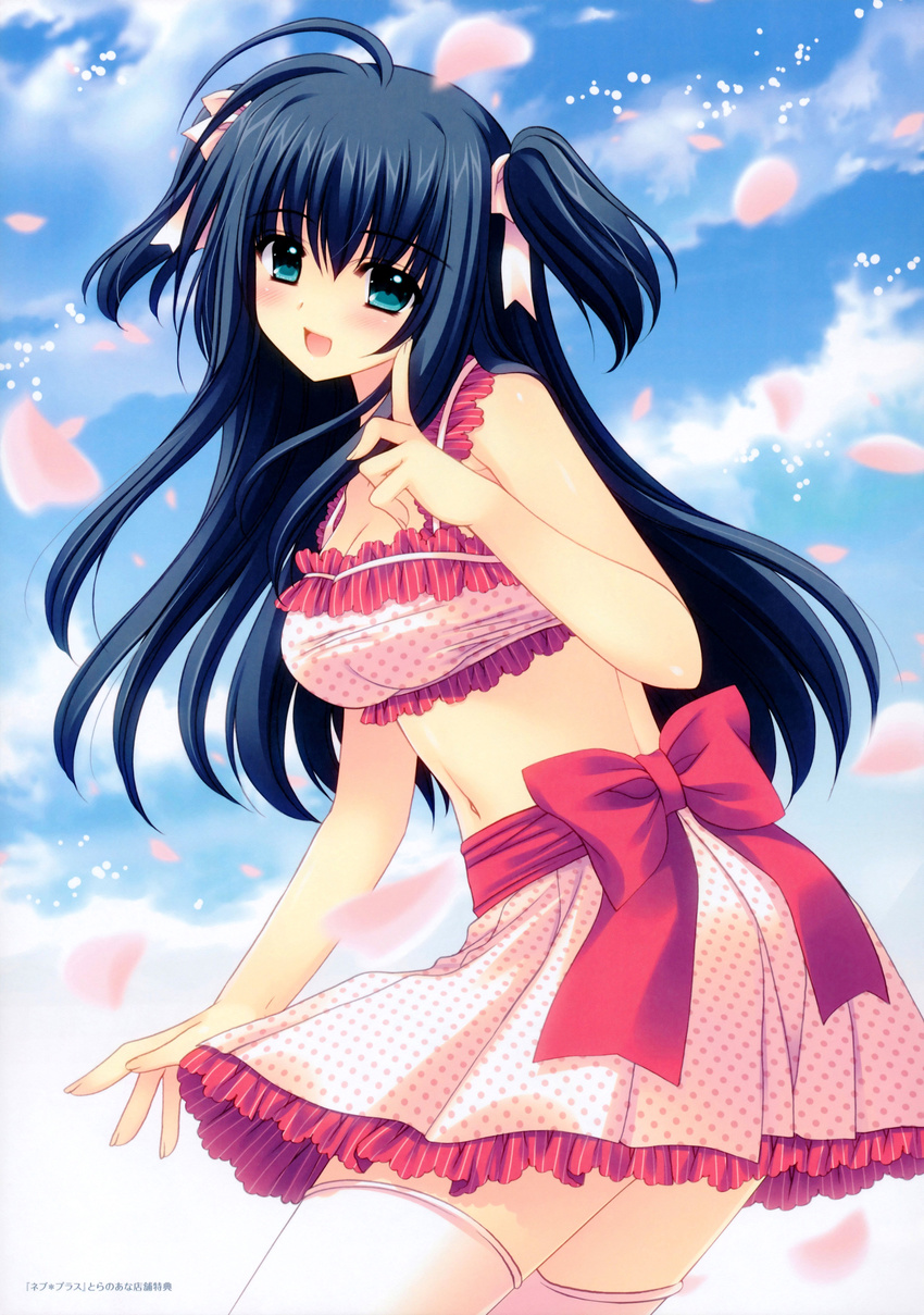 :d absurdres ahoge black_hair blue_eyes blush cherry_blossoms cloud cowboy_shot day female from_side hair_ribbon halterneck head_tilt highres index_finger_raised looking_at_viewer looking_to_the_side navel nishimata_aoi open_mouth photoshop_(medium) pink_thighhighs polka_dot ribbon scan shuffle!_essence+ skirt sky smile solo standing thighhighs two_side_up yae_sakura_(shuffle!) zettai_ryouiki