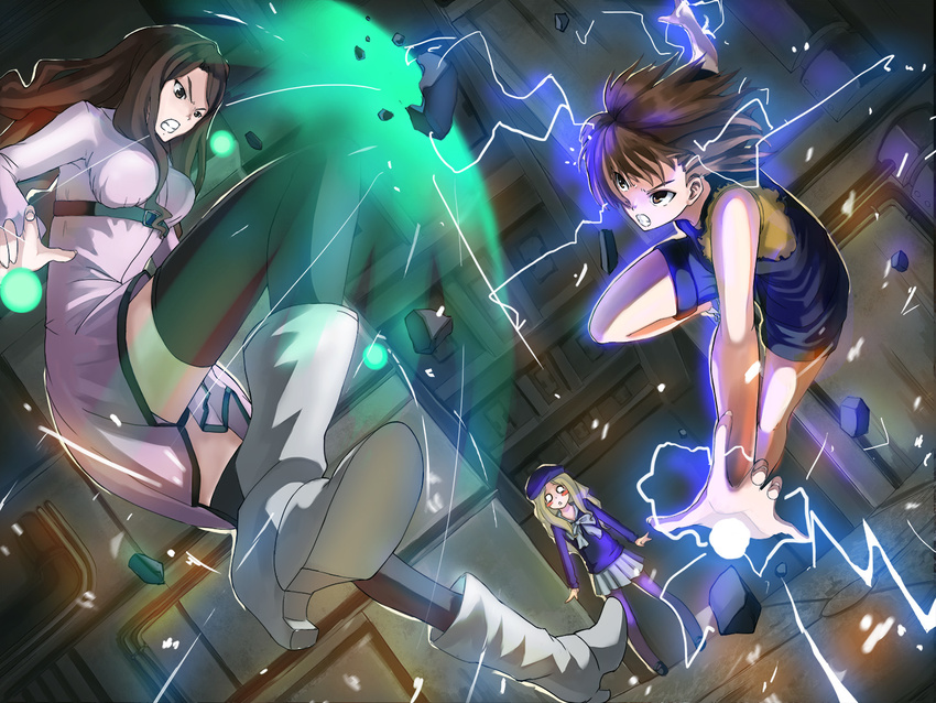 3girls action battle black_shirt casual commentary debris duel electricity electrokinesis energy energy_ball energy_barrier frenda_seivelun glowing hand_up hikari123456 indoors long_hair magnetism medium_hair metal misaka_mikoto mugino_shizuri multiple_girls official_alternate_color photoshop_(medium) plasma psychic science_fiction shirt short_shorts short_sleeves shorts symbol-only_commentary toaru_kagaku_no_railgun toaru_kagaku_no_railgun_s toaru_majutsu_no_index