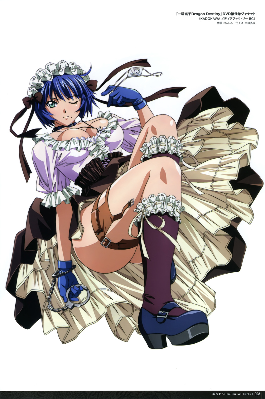 absurdres black_ribbon blue_gloves blue_hair breasts cleavage collar copyright_name cross cross_necklace cuffs dress eyepatch female full_body gloves green_eyes handcuffs headdress highres holding ikkitousen jewelry large_breasts looking_at_viewer medical_eyepatch mole mole_under_mouth necklace one_eye_closed ribbon rin-sin ryomou_shimei short_hair solo unworn_eyepatch