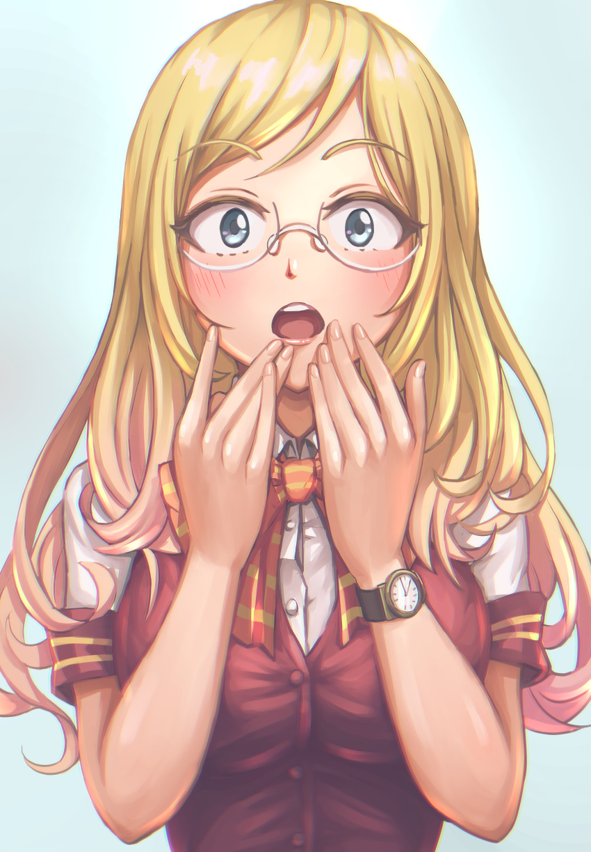 :o absurdres blazer blonde_hair blue_eyes blush boku_no_hero_academia bow bowtie breasts buttons collared_shirt commentary_request dress_shirt female gasp glasses hands_on_own_face highres jacket long_hair looking_at_viewer melissa_shield mikazukiblue open_mouth plaid plaid_bow round_eyewear shirt short_sleeves solo striped striped_bow surprised swept_bangs taut_clothes teeth upper_body upper_teeth_only watch