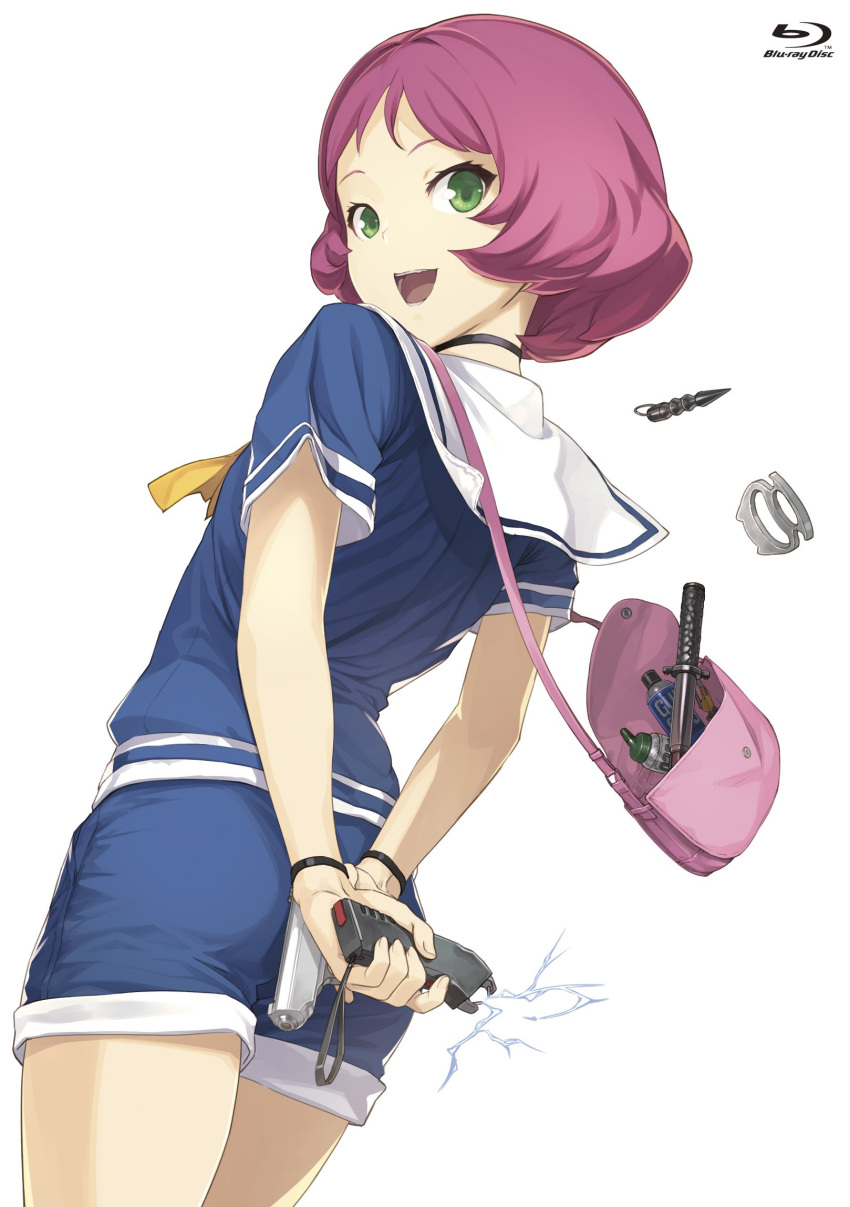 :d artist_request bag black_choker blu-ray_cover blu-ray_logo blue_shorts brass_knuckles choker cover cowboy_shot female from_behind green_eyes gun handbag highres holding holding_gun holding_weapon looking_at_viewer looking_back official_art onigashira_kosuri open_mouth pink_bag pink_hair school_uniform serafuku shimoneta_to_iu_gainen_ga_sonzai_shinai_taikutsu_na_sekai short_hair short_shorts short_sleeves shorts simple_background smile solo standing taser weapon white_background wristband