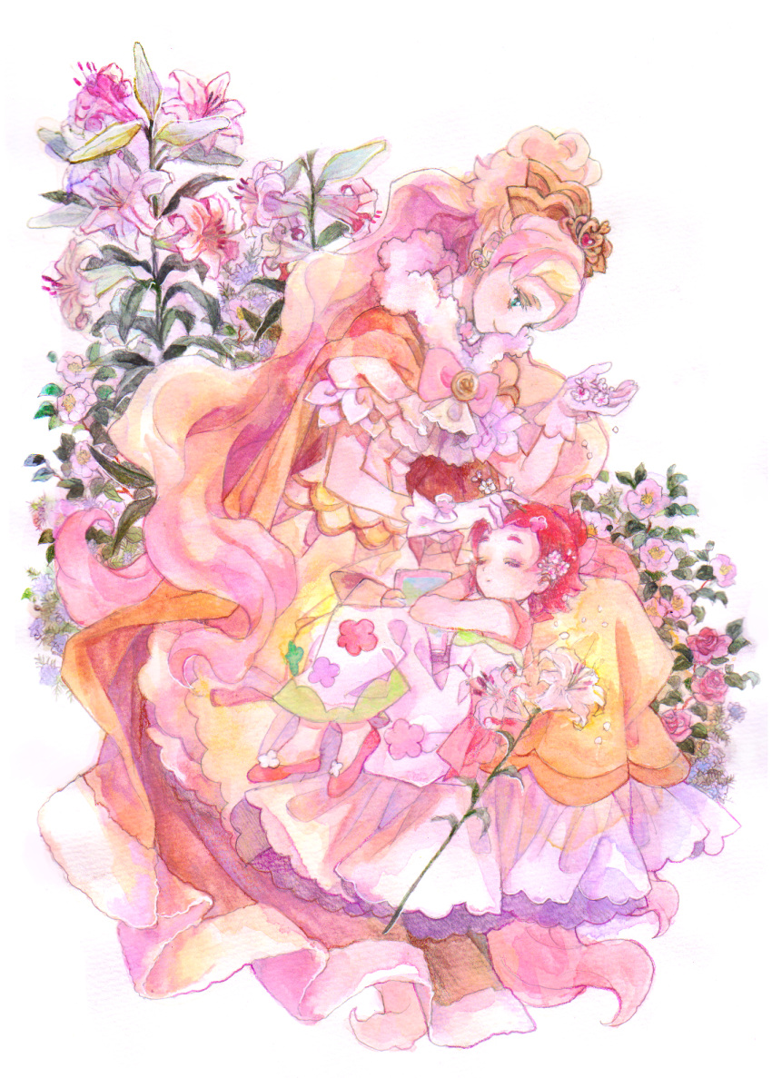 2girls blonde_hair bow brooch cape closed_eyes colored_eyelashes cure_flora cure_flora_(grand_princess) dress dual_persona earrings eyebrows flower flower_earrings frills gloves go!_princess_precure green_eyes hair_flower hair_ornament haruno_haruka highres holding holding_flower jewelry lily_(flower) long_hair looking_at_another magical_girl morisaki_tsugumi multicolored_hair multiple_girls pink_bow pink_hair precure princess profile puffy_sleeves red_footwear red_hair shoes short_hair sleeping sleeping_on_person smile time_paradox traditional_media two-tone_hair white_background white_dress white_gloves yellow_cape yellow_dress