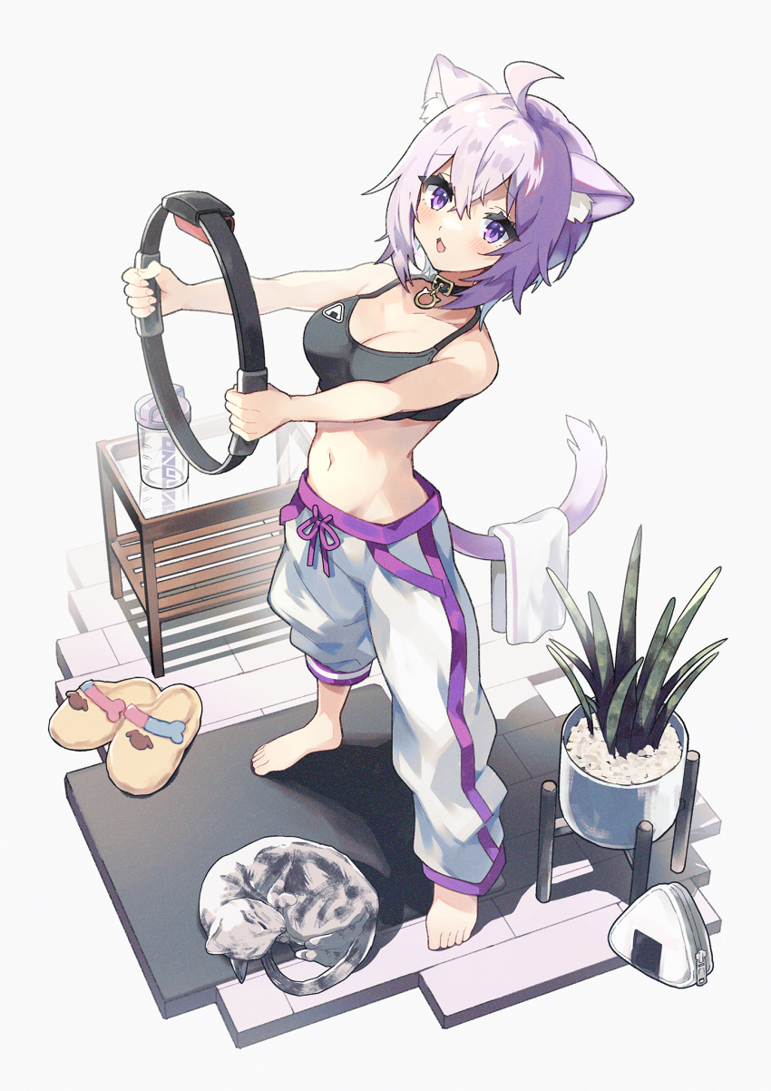 adapted_costume ahoge animal_ear_fluff animal_ears bag barefoot black_choker black_sports_bra blush bottle breasts cat_ears cat_girl cat_tail choker collar commentary_request feline female full_body hair_between_eyes highres holding holding_towel holding_with_tail hololive joy-con looking_at_viewer medium_breasts navel negiyan nekomata_okayu nekomata_okayu_(1st_costume) open_mouth pants plant prehensile_tail purple_eyes purple_hair ring-con ring_fit_adventure slippers sports_bra stomach table tail temari_(nekomata_okayu) towel track_pants unworn_slippers vase virtual_youtuber water_bottle white_pants